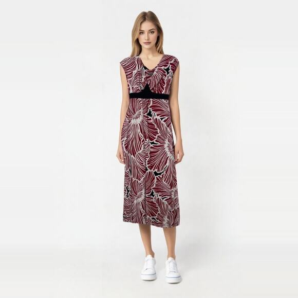 Tommy Bahama Hawaiian Ruched Pleated V-Neck Dress Red Empire Waist #5408 - Picture 1 of 7